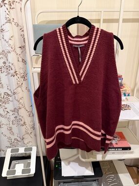 V-Neck Knit Sweater Vest in Burgundy with Pink Trim